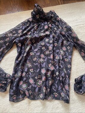 MISA Sheer Black Floral High-Neck Blouse